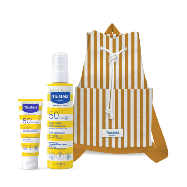 Mustela Bebe Spray Solar SPF50 200ml + Leite Solar Rosto SPF50 40ml com Oferta Mochila de Praia Amarela