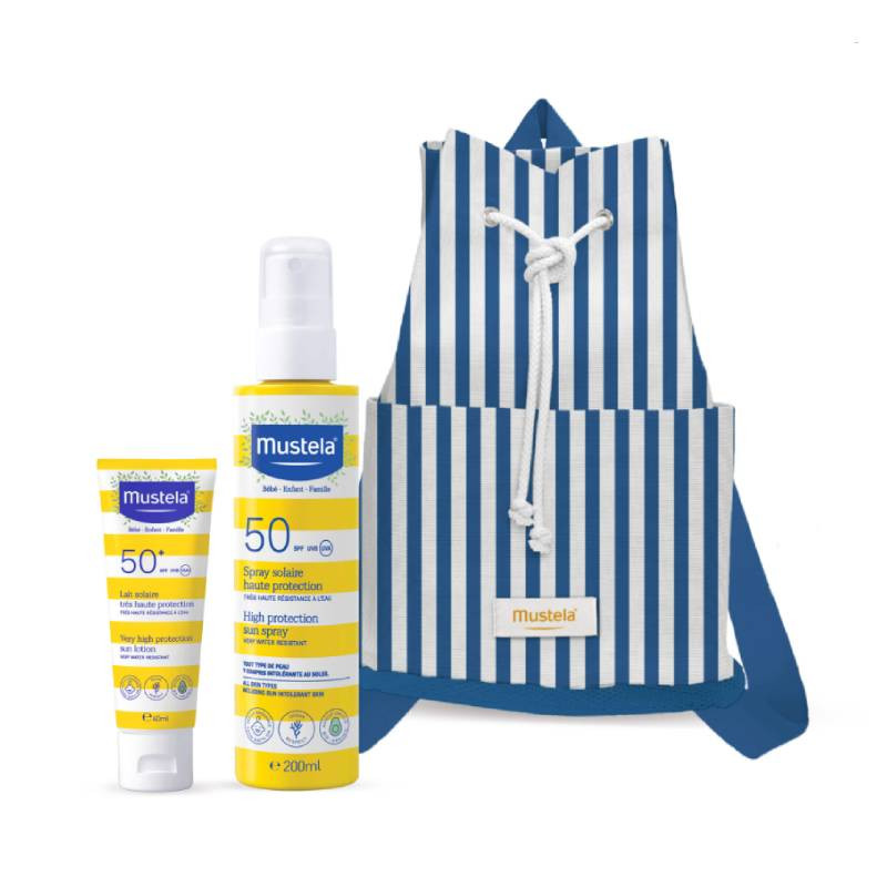 Mustela Bebe Spray Solar SPF50 200ml + Leite Solar Rosto SPF50 40ml com Oferta Mochila de Praia Azul