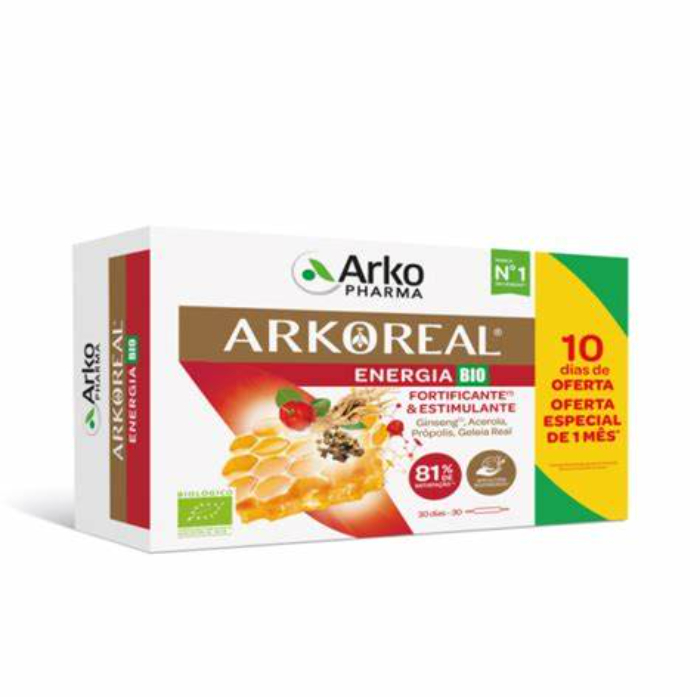 ARKOREAL Geleia Real + Ginseng Sem Açúcar 20 Ampolas + Oferta de 10 Ampolas